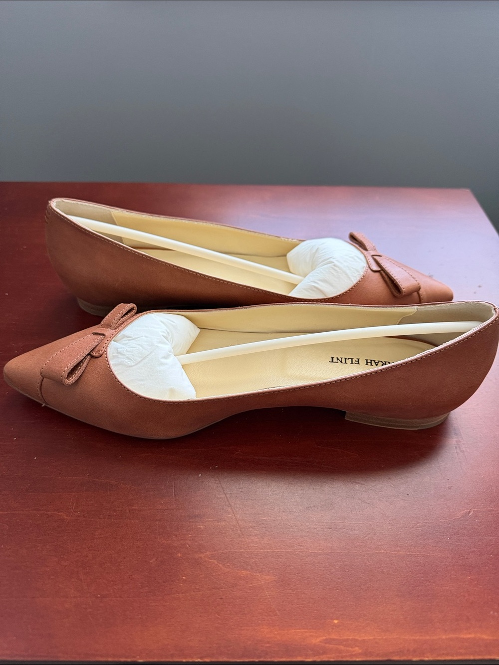 Sarah Flint Rust Brown Pointed-Toe Bow Flats
